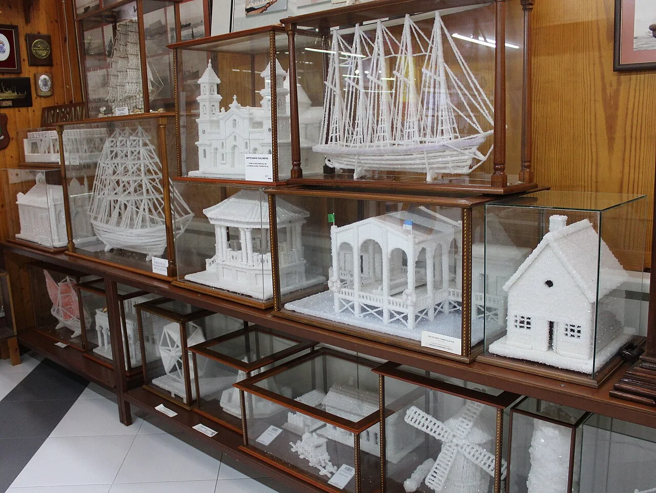 Objetos cuajados en sal y protegidos en urnas cedidas al Museo del Mar y de la Sal de Torrevieja (2019)